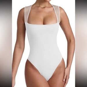 REORIA Women’s Sexy Square Neck Mesh Sheer Double Lined Thong Bodysuit NWT L